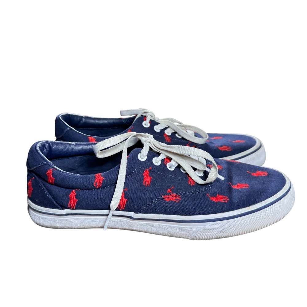 Polo Ralph Lauren Mens Navy Blue‎ Red Pony All Over Print Canvas Sneakers Shoes
